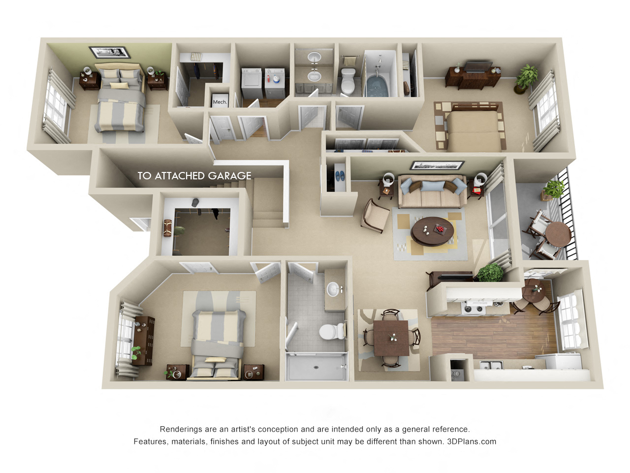 Floor plan for 3 beds, 2 baths, 1460 sqft